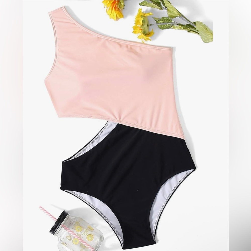 SweatyRocks One-Piece Swimsuit - Pink and Black Colorblock